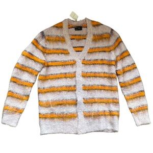 ASOS DESIGN men’s oversized knit fluffy stripe cardigan in lavender and orange L